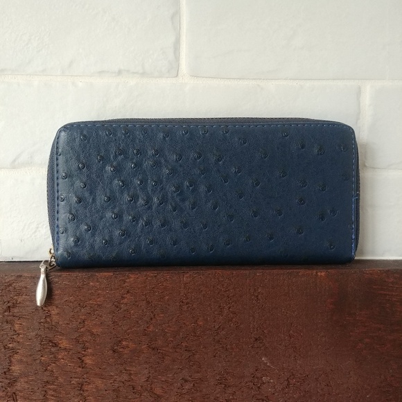 Handbags - Vegan ostrich leather dark blue wallet gold zipper